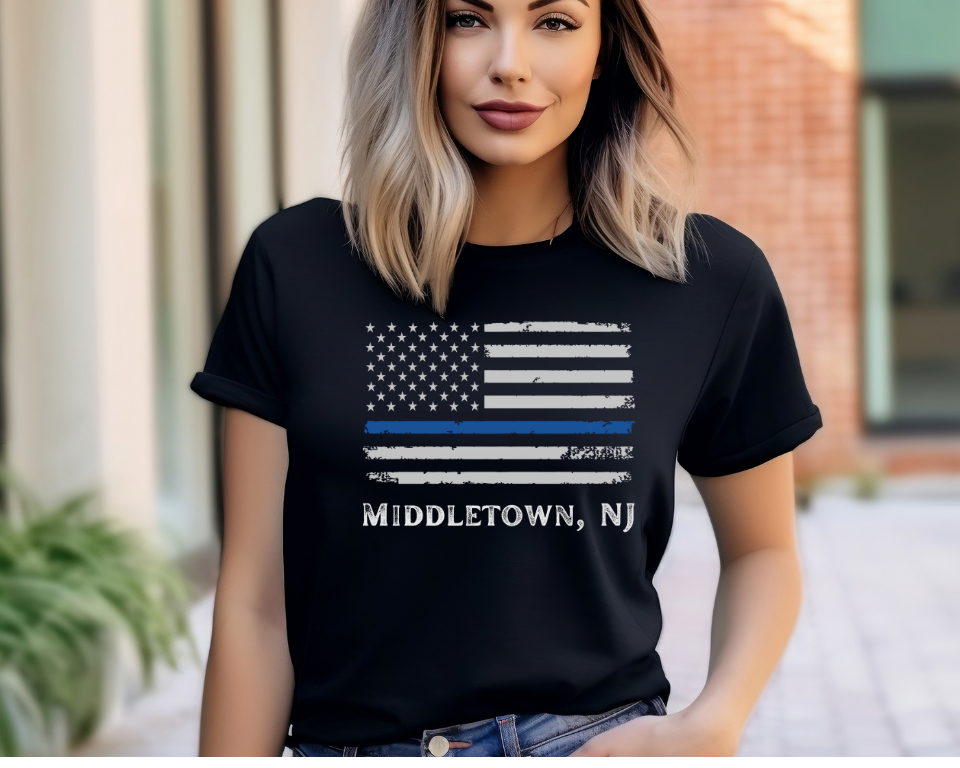Middletown NJ, American Flag Blue Line Adult Tee Shirt UNISEX