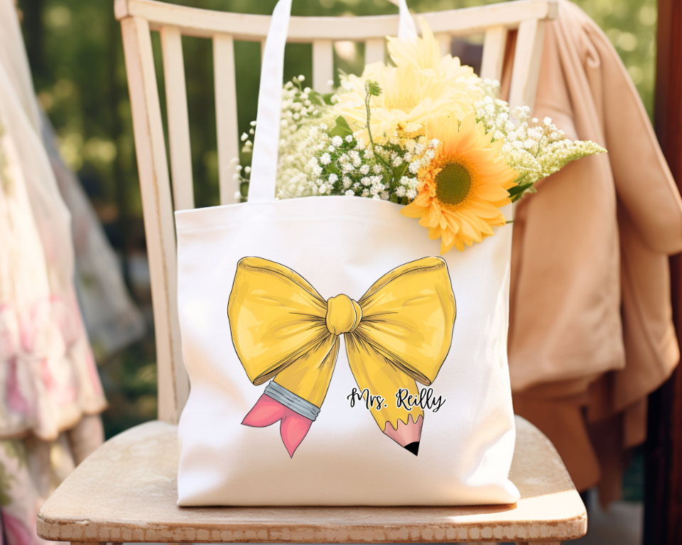 Teacher Pencil Bow Tote, Personalized