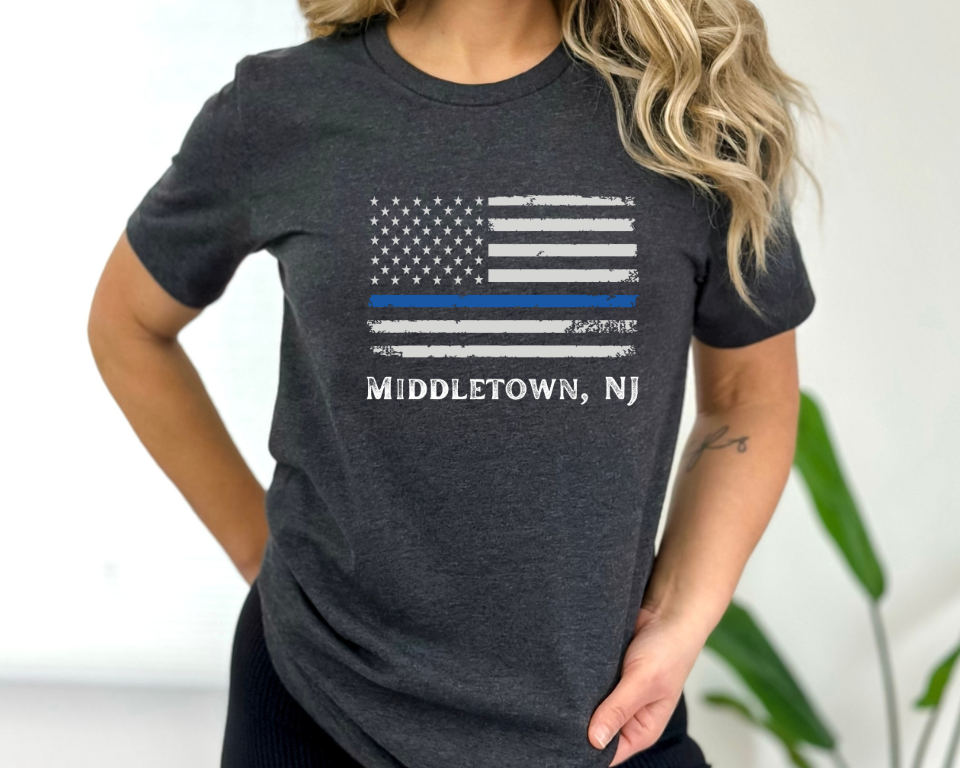 Middletown NJ, American Flag Blue Line Adult Tee Shirt UNISEX