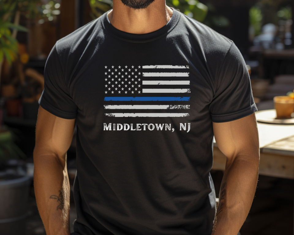 Middletown NJ, American Flag Blue Line Adult Tee Shirt UNISEX