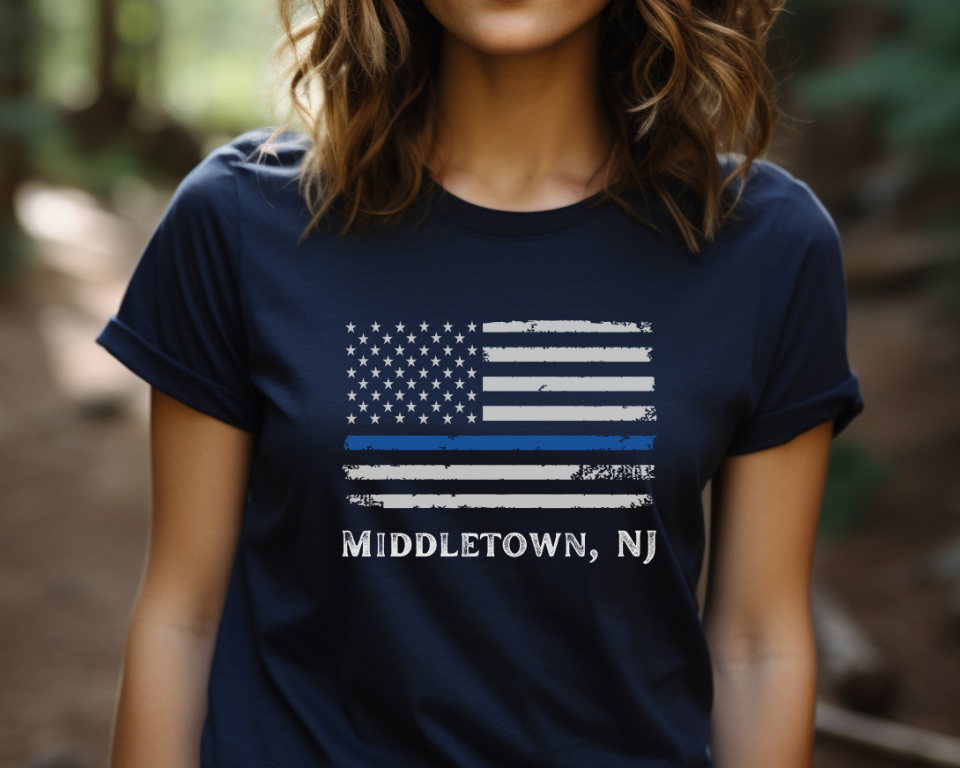 Middletown NJ, American Flag Blue Line Adult Tee Shirt UNISEX