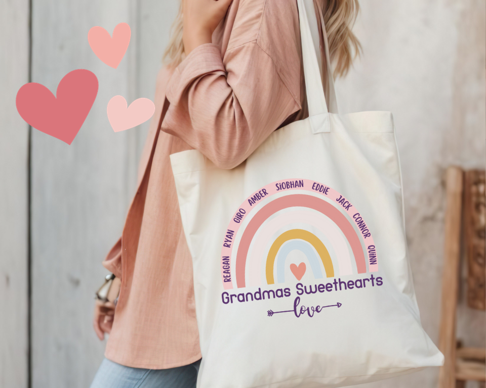 Personalized Grandmas Sweethearts, Rainbow Cotton Canvas Tote Bag, Valentines Day