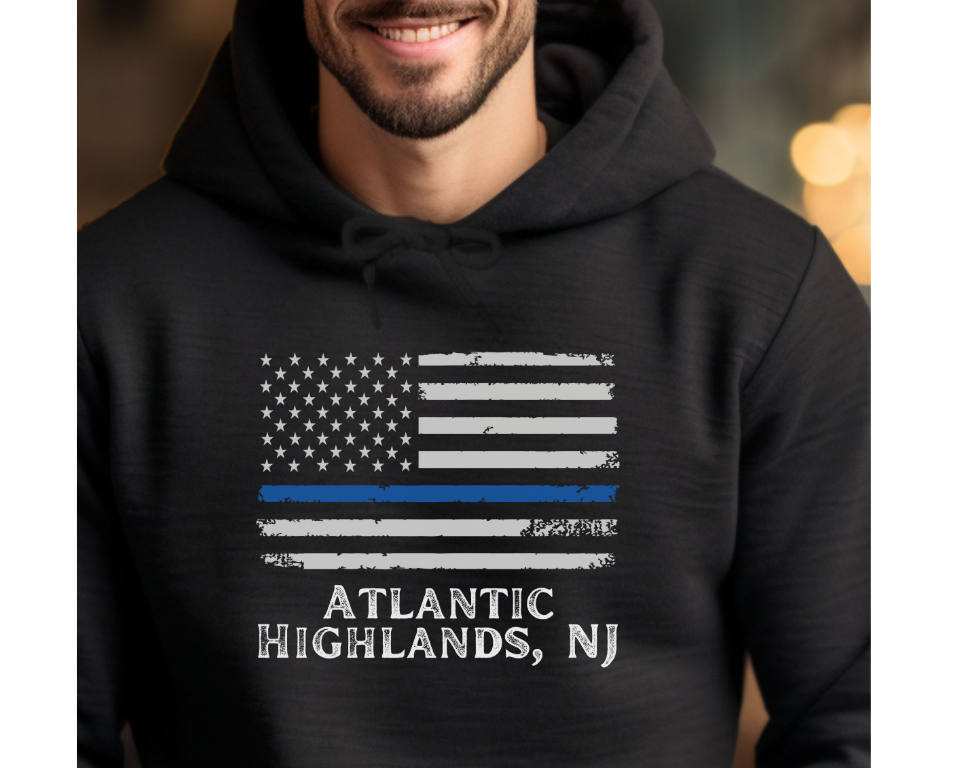 Atlantic Highlands NJ Hoodie, American Flag Blue Line