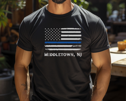 Middletown NJ, American Flag Blue Line Adult Tee Shirt UNISEX