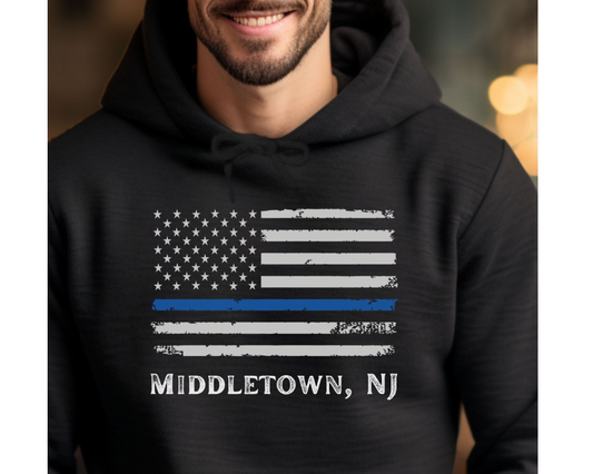 Middletown NJ American Flag Blue Line Adult Hoodie, UNISEX